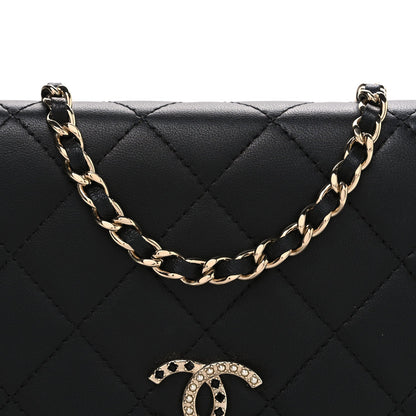 Lambskin Pearl Strass Quilted CC Wallet on Chain WOC Black
