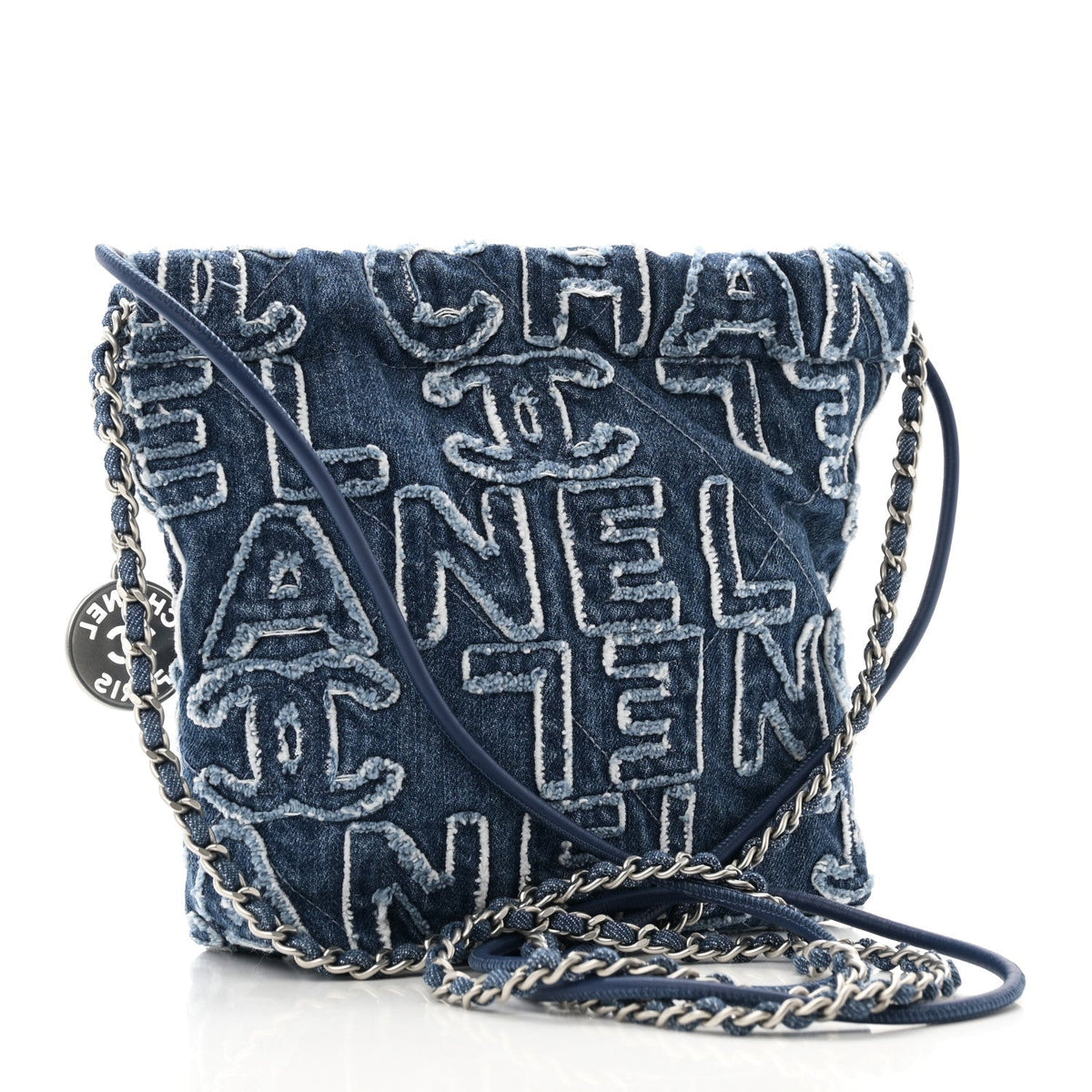 Washed Denim Logo Embroidered Mini Chanel 22 Blue
