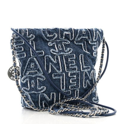 Washed Denim Logo Embroidered Mini Chanel 22 Blue