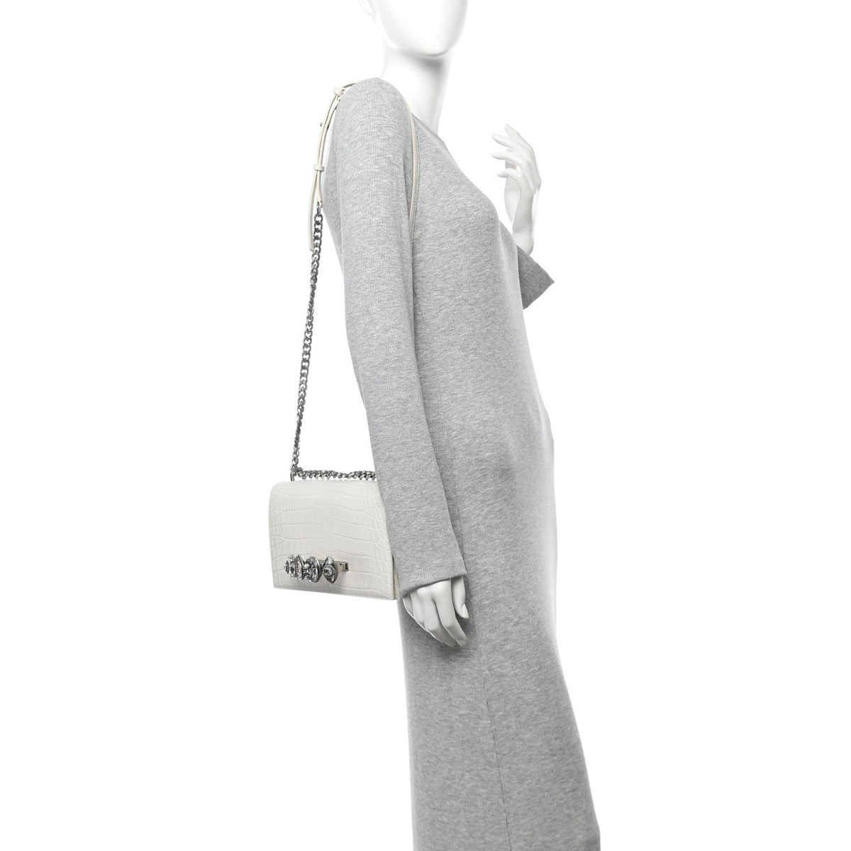 Shiny Calfskin Crocodile Embossed Knuckle Jeweled Crossbody White