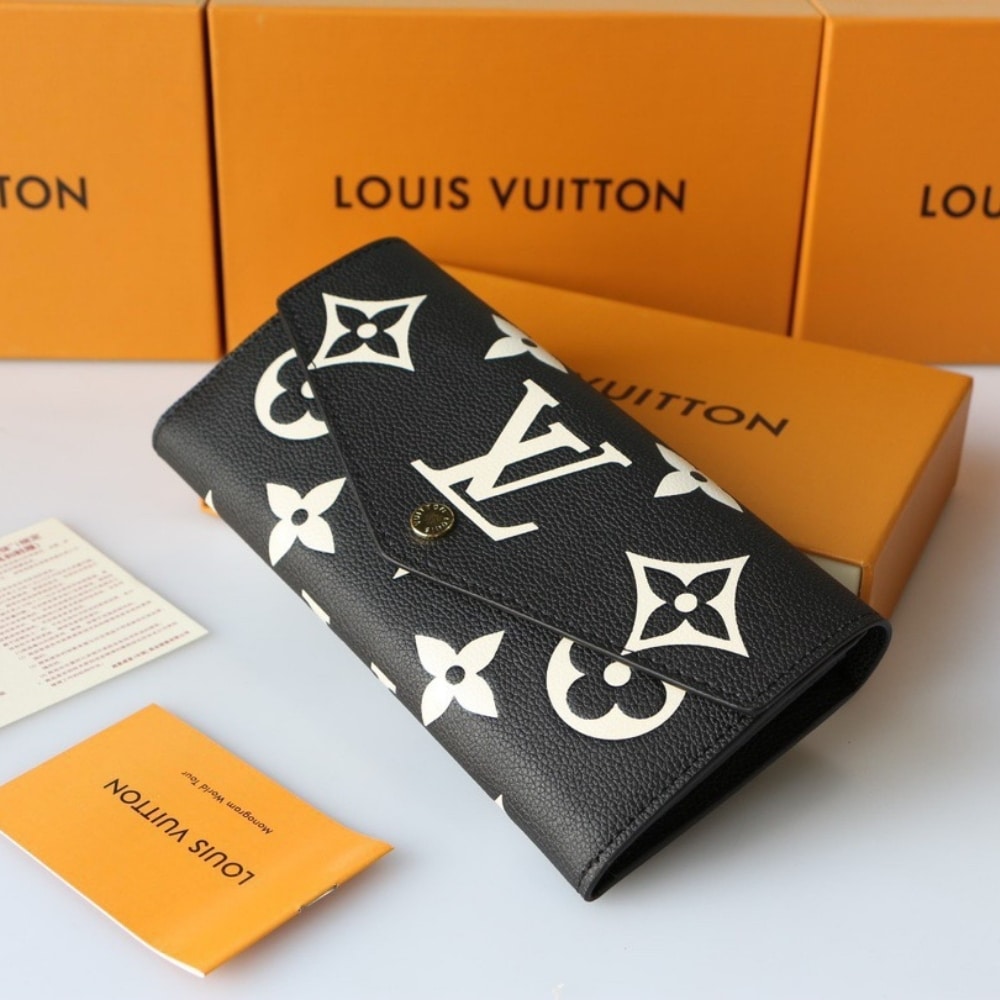 LOUIS VUITTON SARAH WALLET BICOLOR MONOGRAM EMPREINTE BLACK AND BEIGE 19CM M80496