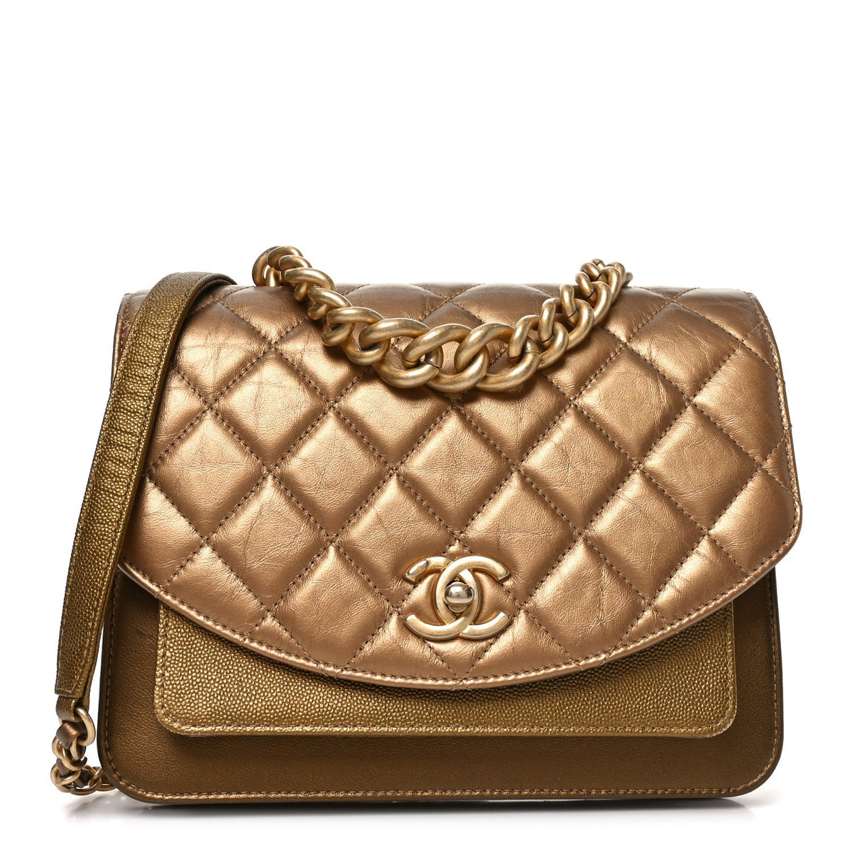 Metallic Calfskin Caviar Quilted Chain Handle Flap Gold