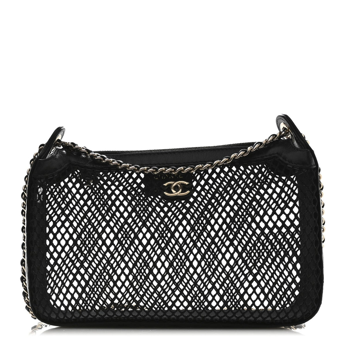 Mesh Shiny Lambskin Clutch With Chain Black
