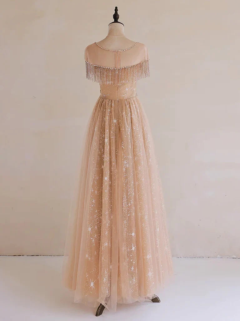 A-Line Lace Champagne Long Prom Dress, Champagne Lace Long Formal Dress MD7170