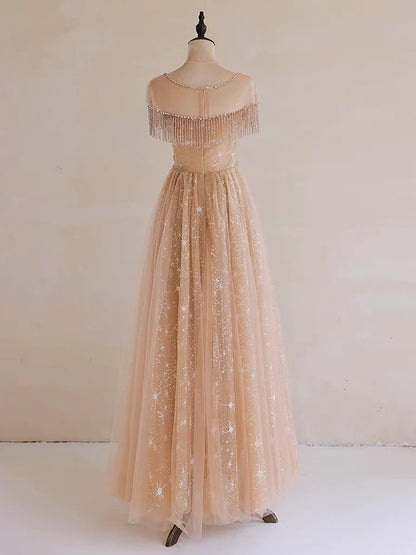 A-Line Lace Champagne Long Prom Dress, Champagne Lace Long Formal Dress MD7170