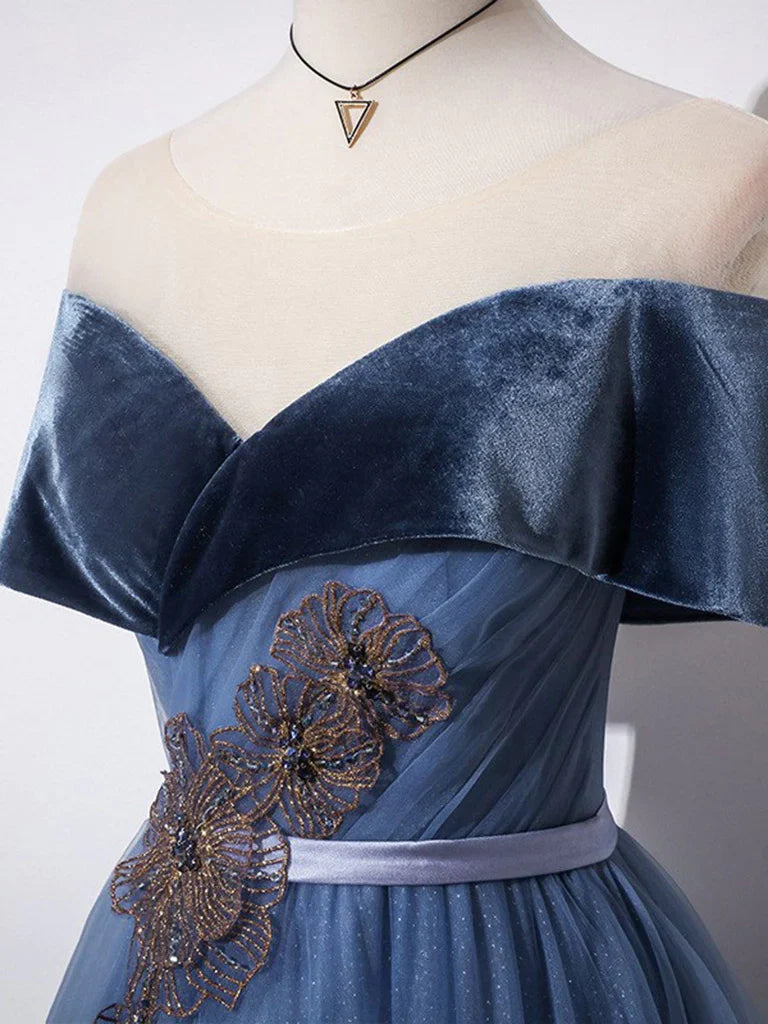 A-Line Off Shoulder Tulle Gray Blue Long Prom Dress, Blue Formal Dress  MD7167