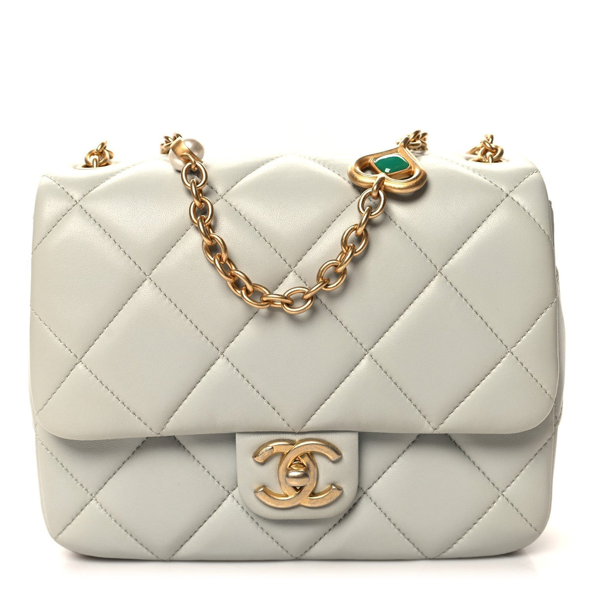 Lambskin Enamel Pearl Quilted Mini Charm Me Square Flap Light Blue