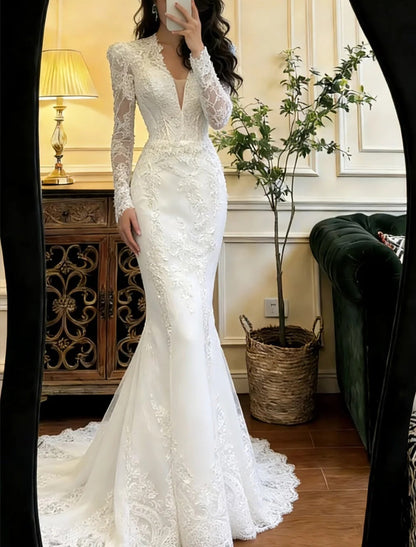Elegant Wedding Dress V-neck Long Sleeves Mermaid Wedding Dress  D4586