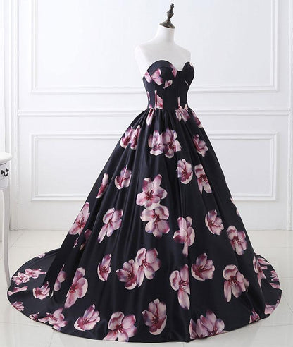 Black sweetheart neck satin long prom dress, black evening dress M4830