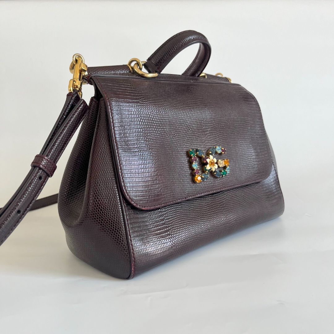 Dolce & Gabbana Burgundy Lizard Embossed Leather Medium Miss Sicily Bag