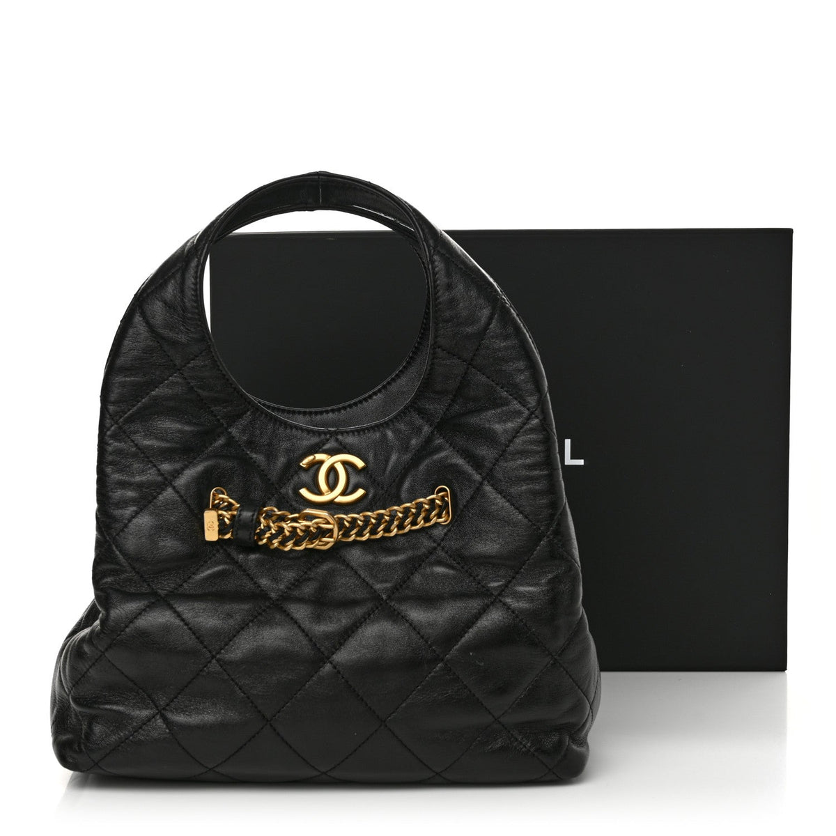 Shiny Lambskin Quilted CC Belt Shopping Bag Black