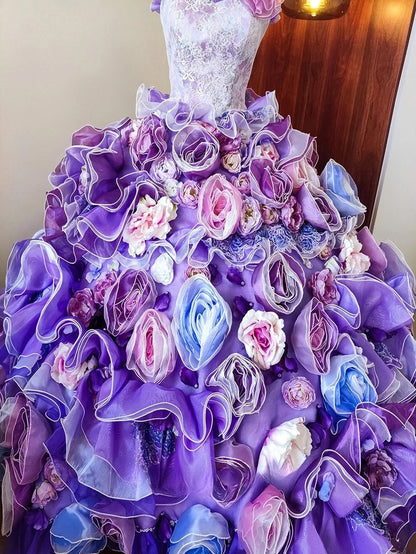 New Arrival Prom Dress Strapless Floral Ruffle Evening Dress Quinceanera Dress Ball Gown      D4651