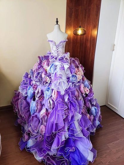 New Arrival Prom Dress Strapless Floral Ruffle Evening Dress Quinceanera Dress Ball Gown      D4651