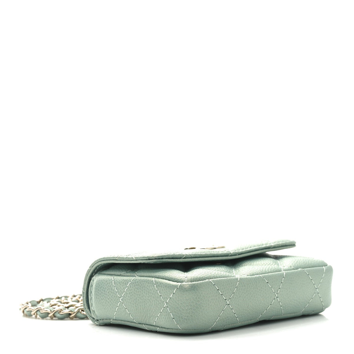 Iridescent Caviar Quilted Pearl On Top Coin Purse With Chain Light Green
