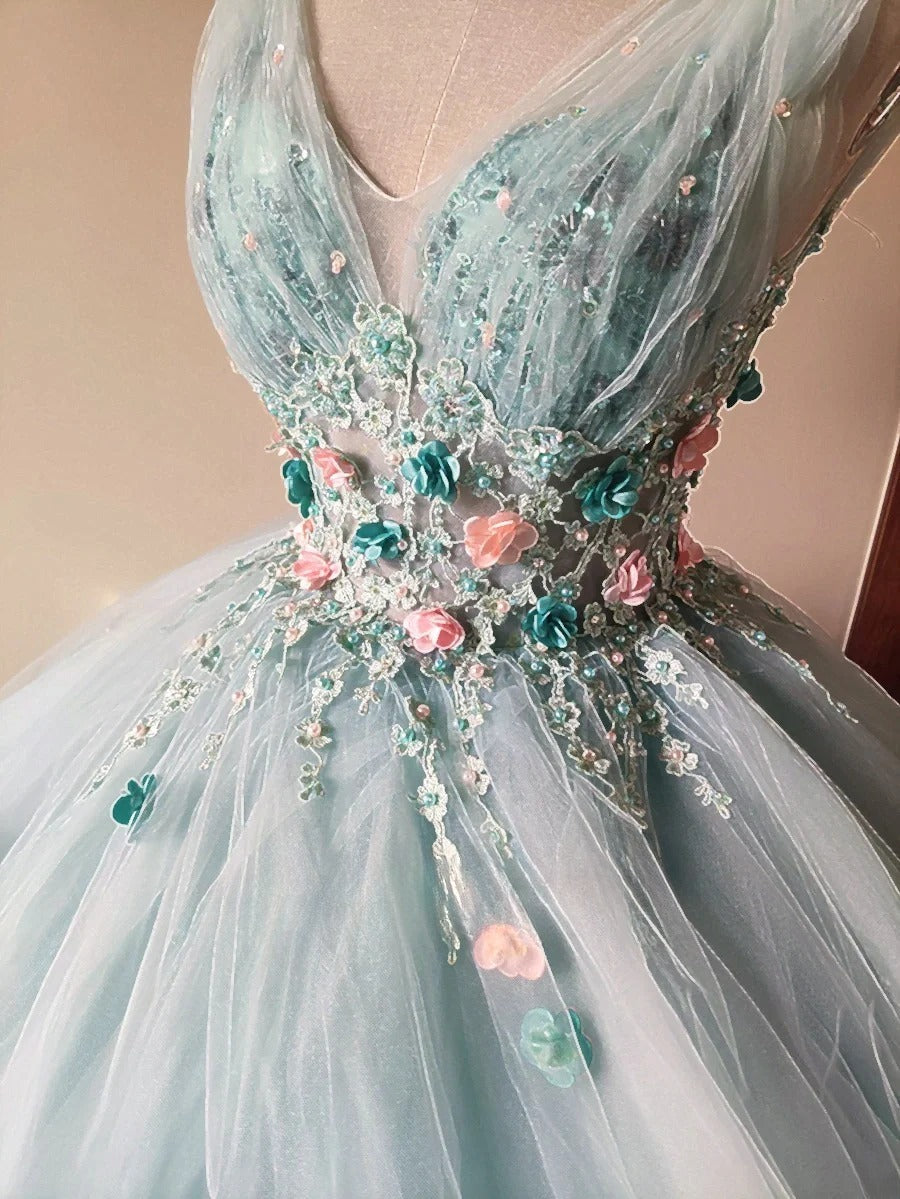 Stunning Prom Dress Light Blue V-neck Pleated Tulle Evening Dress Quinceanera Dress Ball Gown      D4654