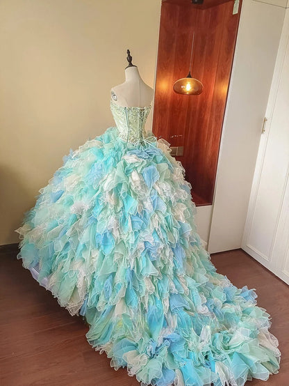 New Arrival Prom Dress Strapless Tulle Tiered Evening Dress Quinceanera Dress Ball Gown      D4655