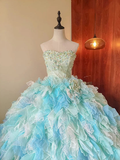 New Arrival Prom Dress Strapless Tulle Tiered Evening Dress Quinceanera Dress Ball Gown      D4655