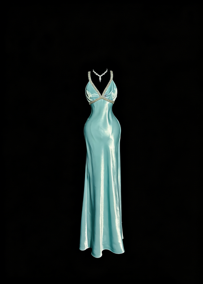 Elegant Prom Dress Satin Light Blue Spaghetti Straps Formal Dress Evening Dresses Wedding Guest Dress      D4665