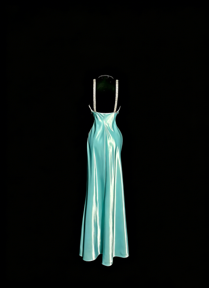 Elegant Prom Dress Satin Light Blue Spaghetti Straps Formal Dress Evening Dresses Wedding Guest Dress      D4665