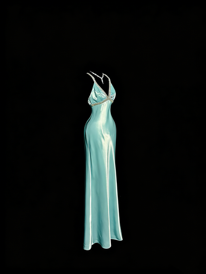 Elegant Prom Dress Satin Light Blue Spaghetti Straps Formal Dress Evening Dresses Wedding Guest Dress      D4665