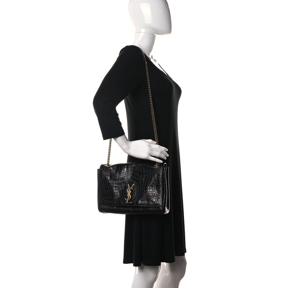 Saint Laurent  Calfskin Crocodile Embossed Suede Medium Reversible Monogram Kate Satchel Military Taupe