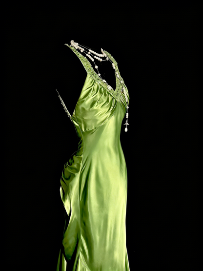 Elegant Prom Dress Lime Green Satin V-neck Pleated Mermaid Formal Dress Evening Dresses Birthday Party Dress      D4672