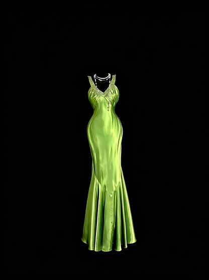 Elegant Prom Dress Lime Green Satin V-neck Pleated Mermaid Formal Dress Evening Dresses Birthday Party Dress      D4672