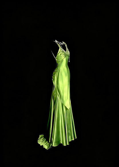 Elegant Prom Dress Lime Green Satin V-neck Pleated Mermaid Formal Dress Evening Dresses Birthday Party Dress      D4672