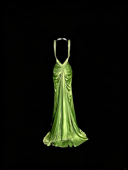 Elegant Prom Dress Lime Green Satin V-neck Pleated Mermaid Formal Dress Evening Dresses Birthday Party Dress      D4672
