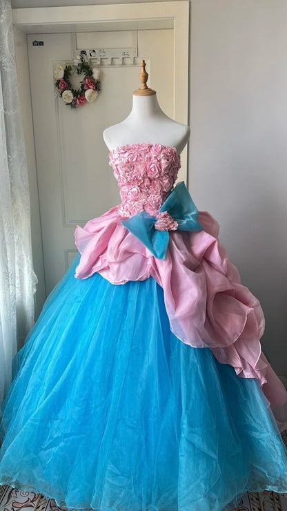 Fashion Prom Dress Strapless Floral Pleated Tulle Evening Dress Quinceanera Dress Ball Gown      D4673