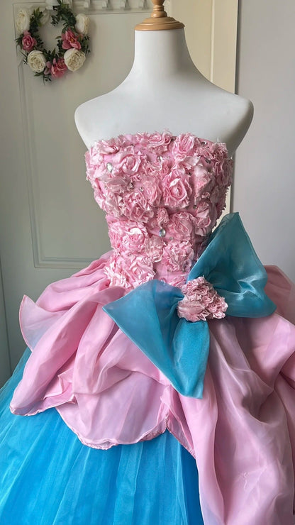 Fashion Prom Dress Strapless Floral Pleated Tulle Evening Dress Quinceanera Dress Ball Gown      D4673