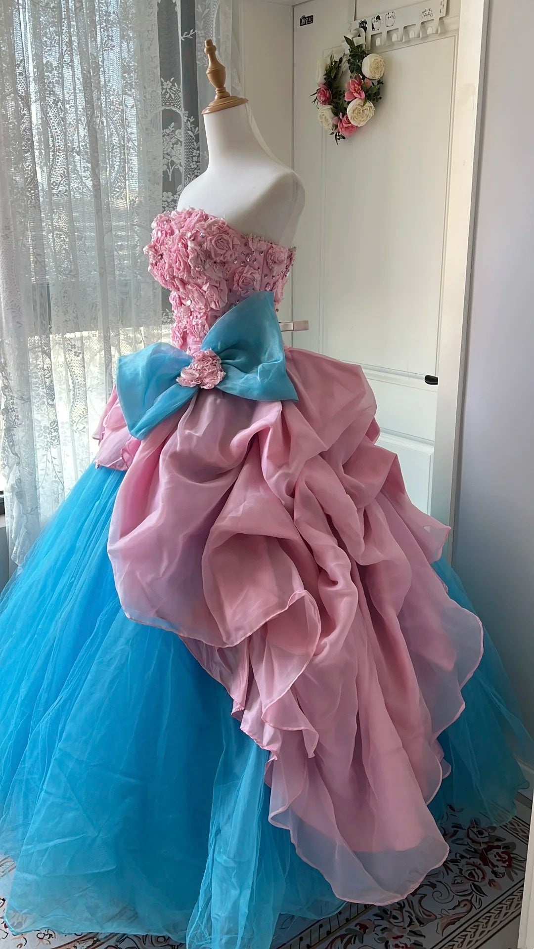 Fashion Prom Dress Strapless Floral Pleated Tulle Evening Dress Quinceanera Dress Ball Gown      D4673