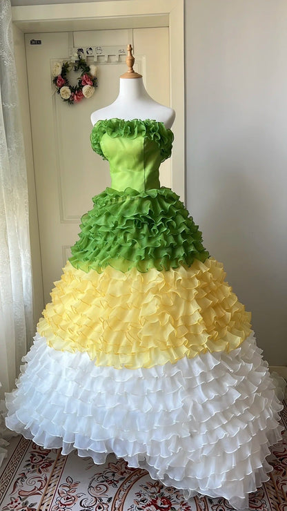 Fashion Prom Dress Strapless Ruffle Tiered Evening Dress Quinceanera Dress Ball Gown      D4674