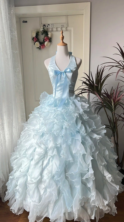 Charming Prom Dress Baby Blue Halter Ruffle Tiered Evening Dress Quinceanera Dress Ball Gown      D4675