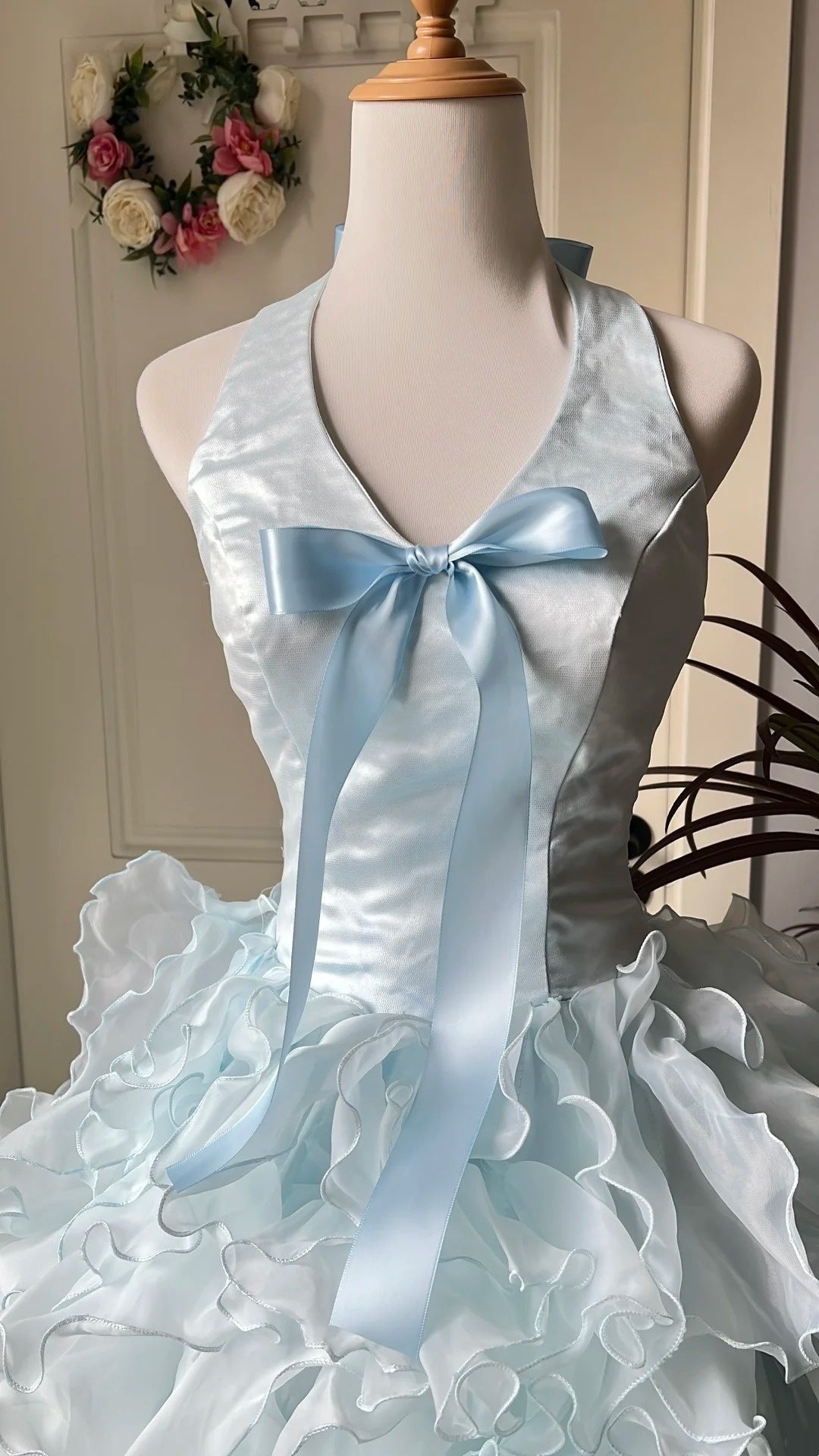Charming Prom Dress Baby Blue Halter Ruffle Tiered Evening Dress Quinceanera Dress Ball Gown      D4675
