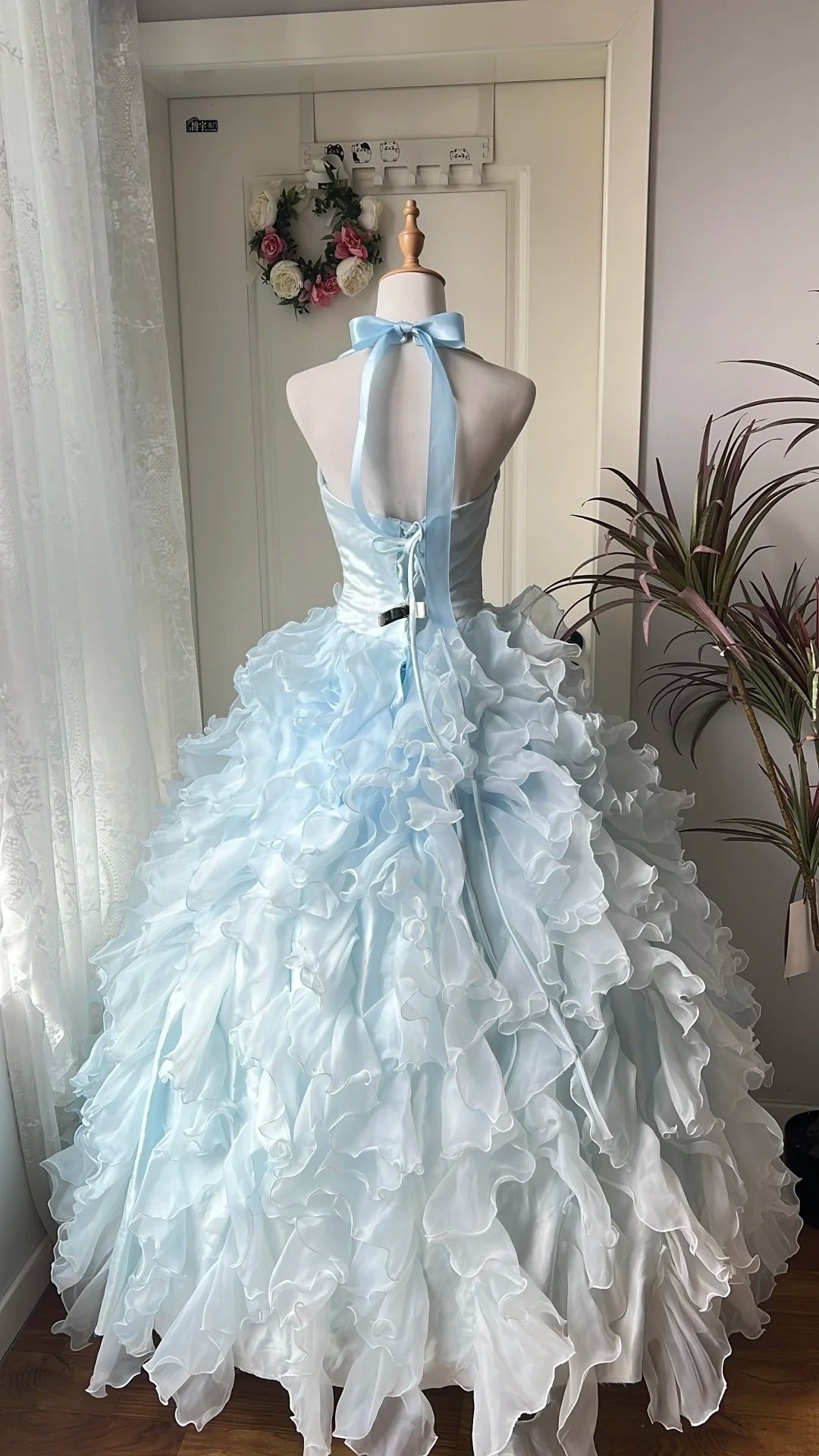 Charming Prom Dress Baby Blue Halter Ruffle Tiered Evening Dress Quinceanera Dress Ball Gown      D4675