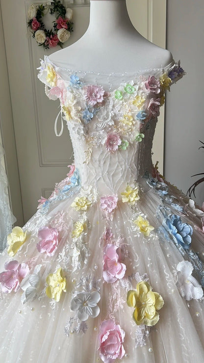 New Arrival Prom Dress Off Shoulder Tulle Pleated Floral Evening Dress Quinceanera Dress Ball Gown      D4677