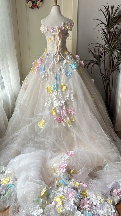 New Arrival Prom Dress Off Shoulder Tulle Pleated Floral Evening Dress Quinceanera Dress Ball Gown      D4677