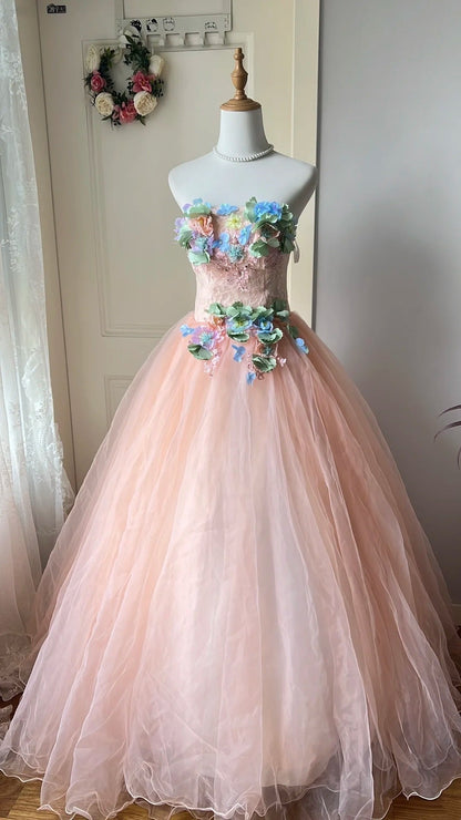New Arrival Prom Dress Strapless Pleated Floral Tulle Evening Dress Quinceanera Dress Ball Gown      D4678