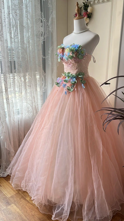New Arrival Prom Dress Strapless Pleated Floral Tulle Evening Dress Quinceanera Dress Ball Gown      D4678