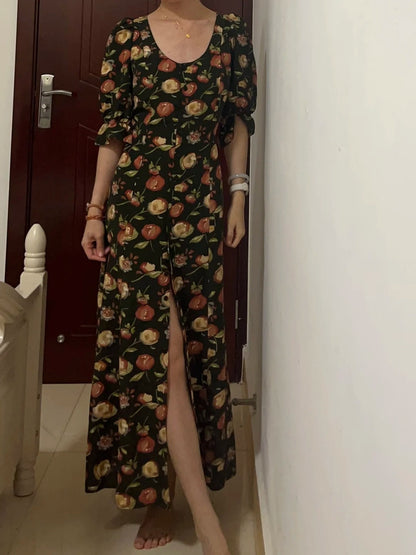 New Arrival Prom Dress Crew Neck Print Floral Formal Dress Evening Dresses Wedding Guest Dress      D4684