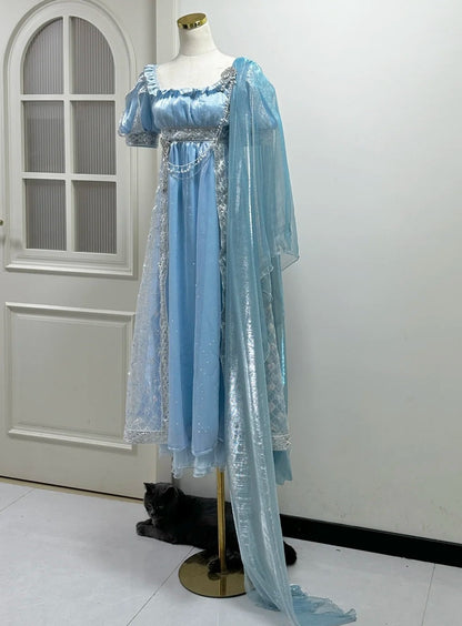 New Arrival Prom Dress Light Blue Square Neck Imperial Dress Evening Dresses Formal Dress      D4687