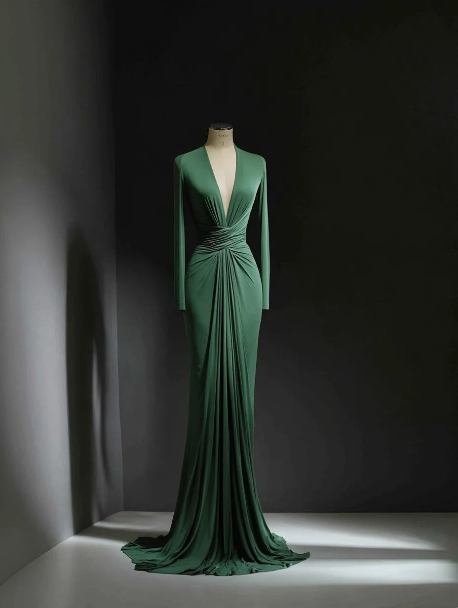 Minimalist Prom Dress Green V-neck Pleated Formal Dress Evening Dresses Wedding Guest Dress      D4691