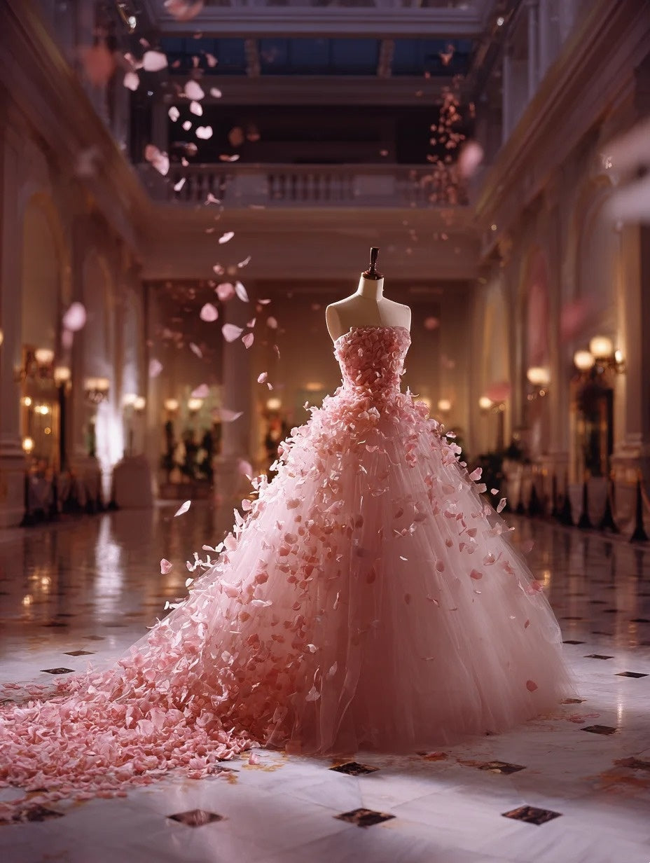 Fairytale Ball Gown Strapless Floral Pleated Tulle Evening Dress Sweet 16 Dress Prom Dresses      D4693