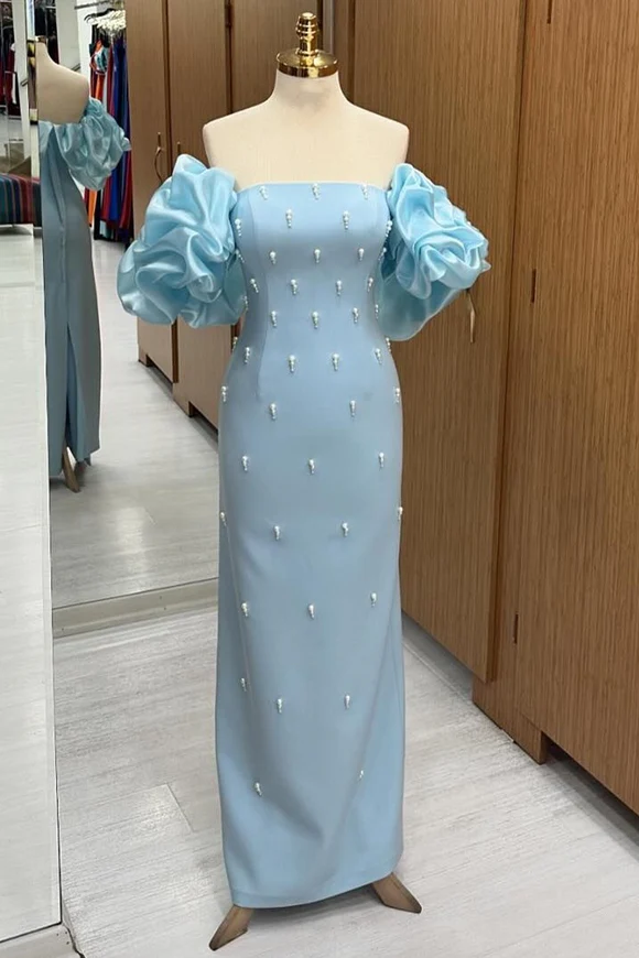 Light Blue Strapless Sheath Satin Beading Long Evening Party Dress MD7382