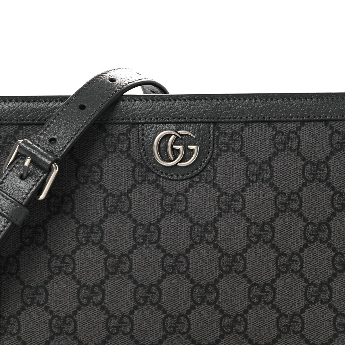 GG Supreme Monogram Textured Dollar Calfskin Web Small Ophidia Shoulder Bag Grey Black Graphite Grey