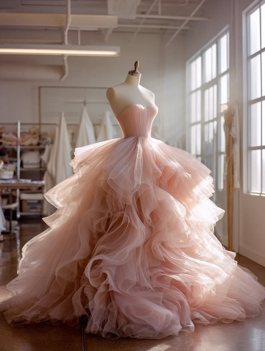 New Arrival Ball Gown Light Pink Sweetheart Pleated Tulle Ruffle Prom Dresses Evening Gown Quinceanera Dress       D4700