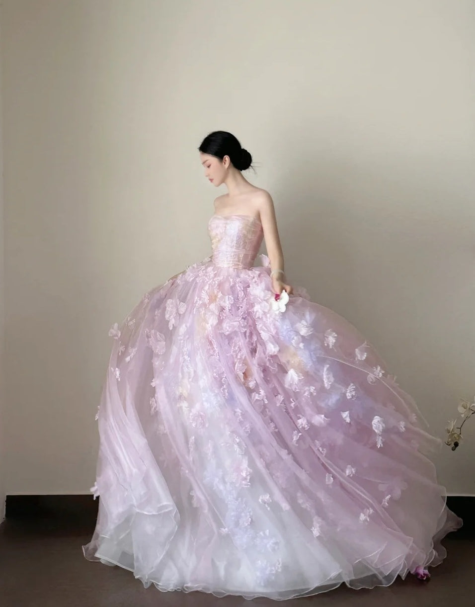 Charming Ball Gown Lialc Strapless Pleated Tulle Floral Prom Dresses Evening Gala Gown Quinceanera Dress       D4717