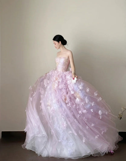 Charming Ball Gown Lialc Strapless Pleated Tulle Floral Prom Dresses Evening Gala Gown Quinceanera Dress       D4717