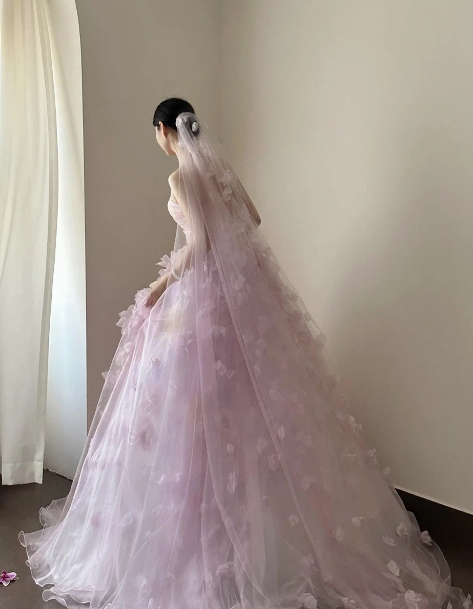 Charming Ball Gown Lialc Strapless Pleated Tulle Floral Prom Dresses Evening Gala Gown Quinceanera Dress       D4717